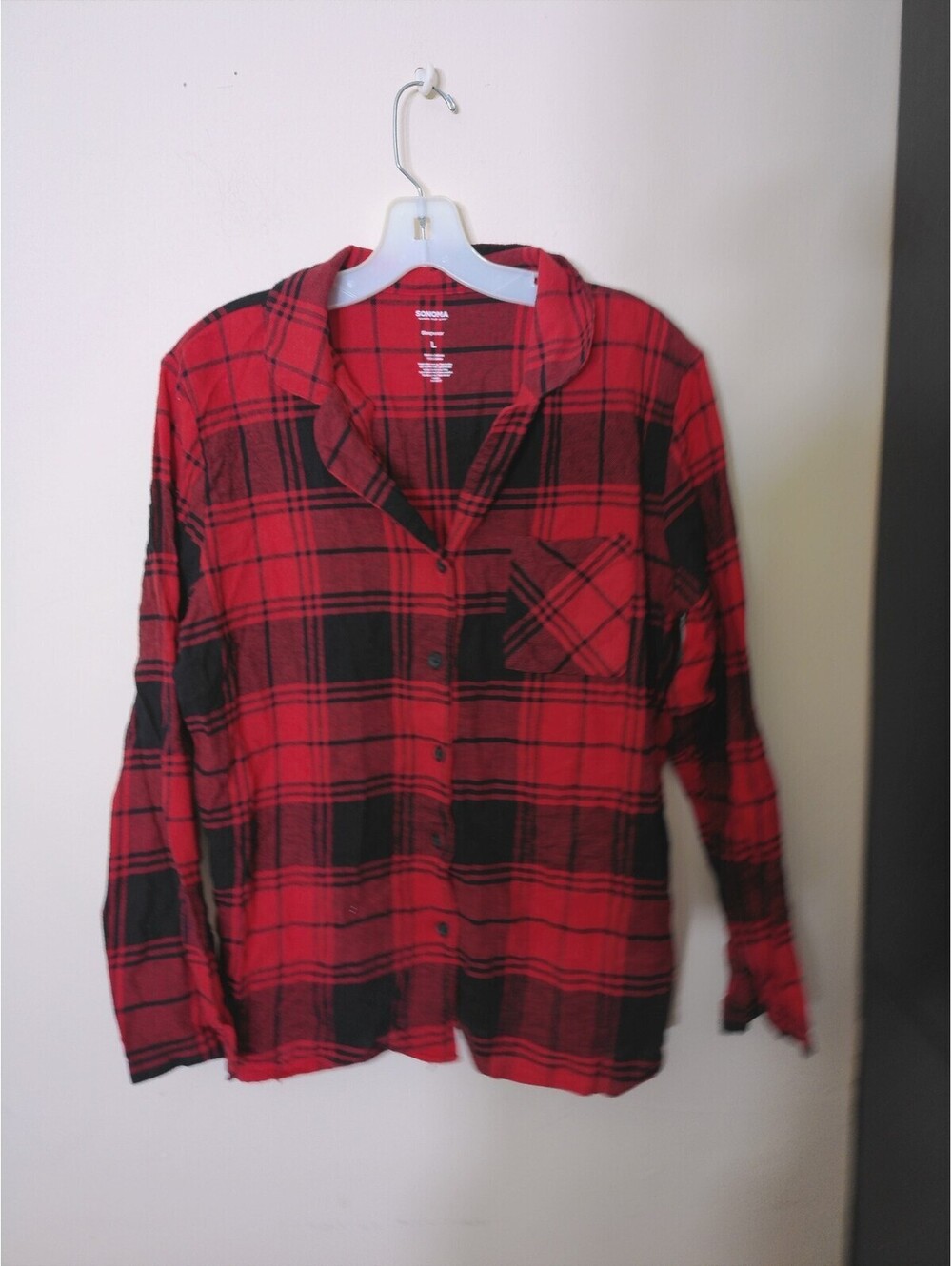 Sonoma Womens Pajama Top Size L Red Black Buffalo Plaid Flannel Sleepwear Cotton